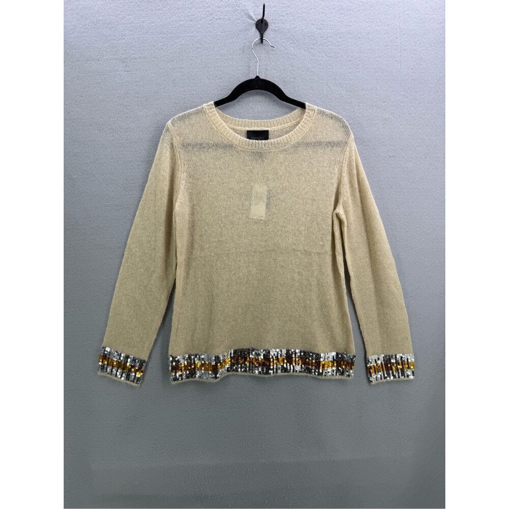 NWT Magaschoni Womens Tan Mohair Blend Sequin Trim Pullover Sweater Large